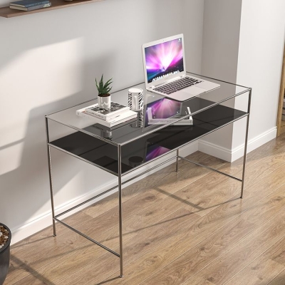 Bureau d'&eacute;criture rectangulaire contemporain en verre en forme de H
