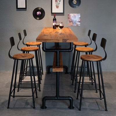 Industrielles rechteckiges Massivholz-Bartisch-Set, 1/7-teilig, Thekentisch mit hohen Hockern