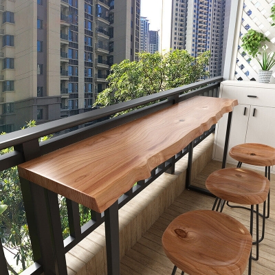 Moderner Bartisch aus schwarzem Eisen, Massivholz-Pub-Tisch mit doppeltem Sockel f&uuml;r die Terrasse