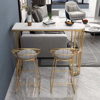 1/3-teiliges Bistro-Set aus glamour&ouml;sem goldfarbenem Eisen mit wei&szlig;er Steinplatte und Regal