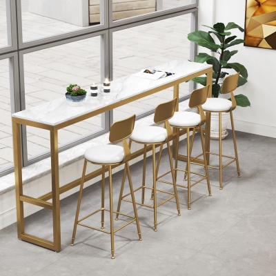 Rechteckiger Bartisch mit k&uuml;nstlicher Marmorplatte, luxuri&ouml;ser Bistrotisch mit Bockgestell in Gold