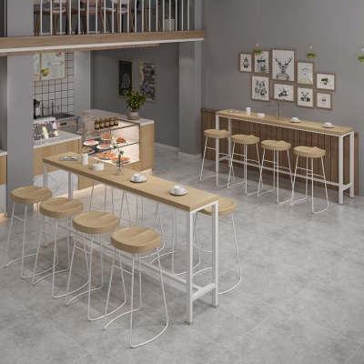 Bartisch mit Holzplatte in nat&uuml;rlichem Finish, industrieller Bistrotisch mit wei&szlig;em Metallrahmen