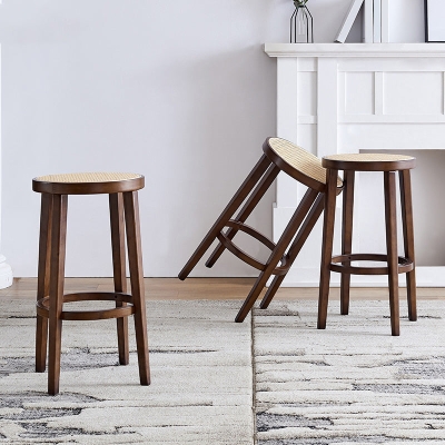 Moderner Barhocker aus massivem Holz, r&uuml;ckenfreier Rattan-Barhocker f&uuml;r das Wohnzimmer