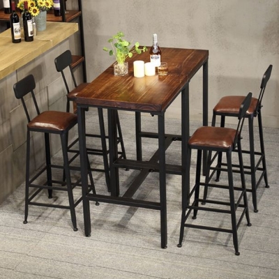 Industrielles quadratisches Massivholz-Bartisch-Set, 1/2/3/5-teilig, Thekentisch mit hohen Hockern