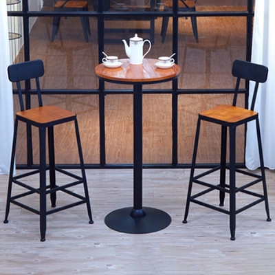 Industrieller Bartisch aus massivem Holz, brauner Bistrotisch mit schwarzem Metallsockel