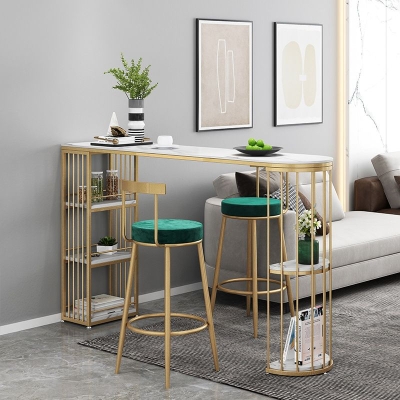 Hochglanzwei&szlig;er Bistrotisch mit Steinplatte und Stauraum, Spezial-Bartisch im Glam-Stil