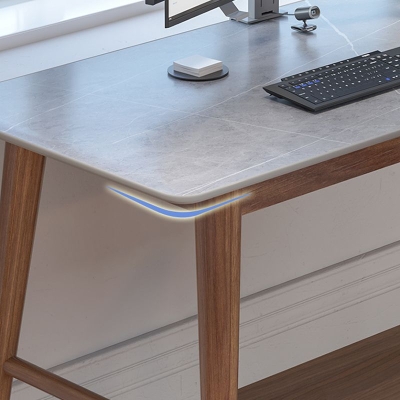Bureau d'angle moderne du milieu du si&egrave;cle en bois de pin en forme de L avec plateau en pierre