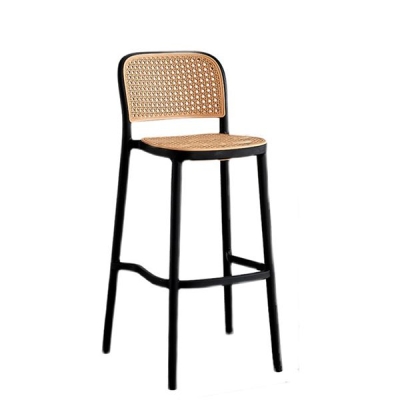 Skandinavischer Thekenhocker aus Kunststoff mit niedriger R&uuml;ckenlehne, rechteckiger Sitz, Kunststoffm&ouml;bel