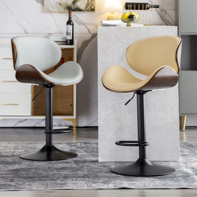 Moderner Barhocker mit drehbarer Fu&szlig;st&uuml;tze, Metallr&uuml;ckenlehne, Tresenhocker f&uuml;r den Innenbereich mit Holzsitz