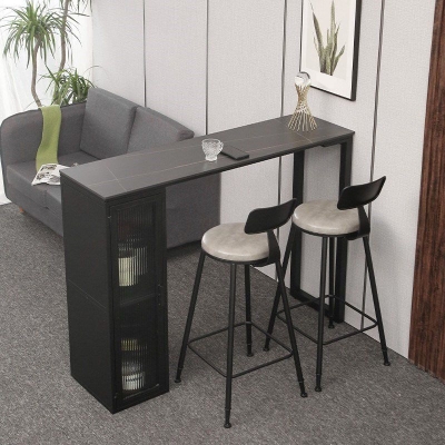 Rechteckiger Bartisch mit gesinterter Steinplatte, industrieller Bistrotisch mit doppeltem Sockel