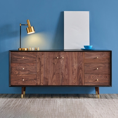 Brauner Buffet-Tisch aus massivem Holz im glamour&ouml;sen Stil, Aufbewahrungs-Seitenbrett mit Schubladen