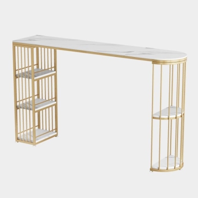 Hochglanzwei&szlig;er Bistrotisch mit Steinplatte und Stauraum, Spezial-Bartisch im Glam-Stil