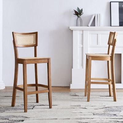 Wohnzimmer-Barhocker aus massivem Holz, moderner Rattan-Barhocker