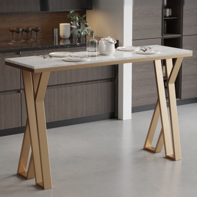 Moderner Bistrotisch mit doppeltem Sockel, Bartisch aus wei&szlig;em Marmor