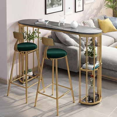 Glam Living Room Bistro-Bartisch. Ovaler Bistrotisch aus Stein und Metall mit Stauraum