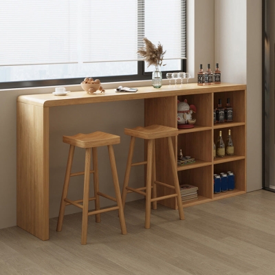 Massivholz-Bar-Esstisch, rechteckiger Bistro-Bartisch mit Sockel in Natur, mit Regalen
