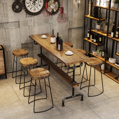 Industrielles rechteckiges Massivholz-Bartisch-Set, 1/4/7-teilig, Thekentisch mit hohen Hockern