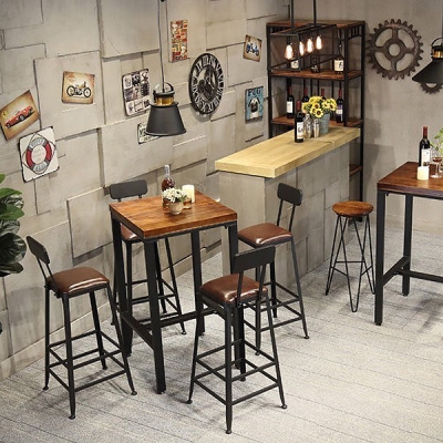Industrielles 1/3/4/5-teiliges Bartisch-Set, quadratischer Tresentisch aus Kiefernholz mit hohen Hockern