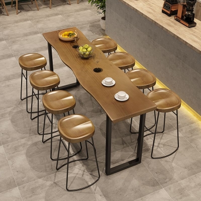 Brauner Bartisch aus Metall und Massivholz, Bar-Esstisch mit doppeltem Sockel