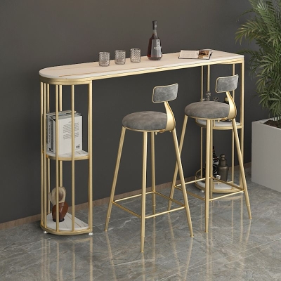 Barhocker-Tisch mit Steinplatte, Bar-Esstisch im glamour&ouml;sen Stil mit Stauraum
