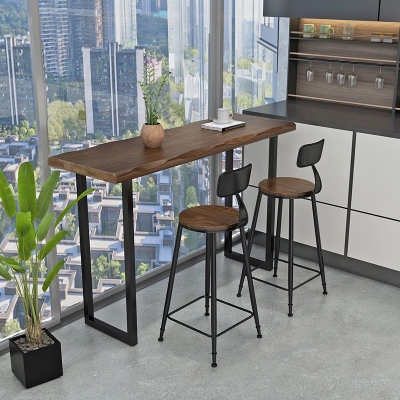 Dunkelbrauner Bartisch mit Tischplatte aus Kiefernholz, industrieller Kneipentisch mit Metallrahmen