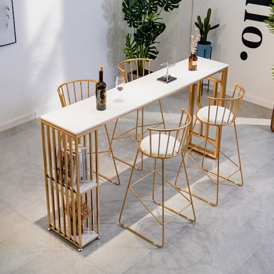 Bistrotisch aus Kunstmarmor, rechteckiger Cocktailtisch mit 2 Ablagen in Barh&ouml;he und Metallsockel