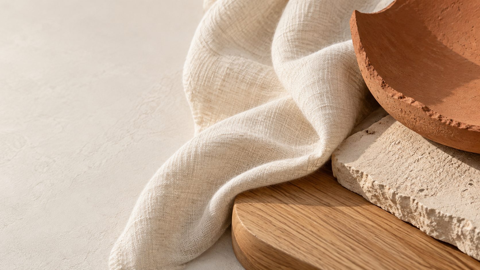Warm linen, oak and clay material study